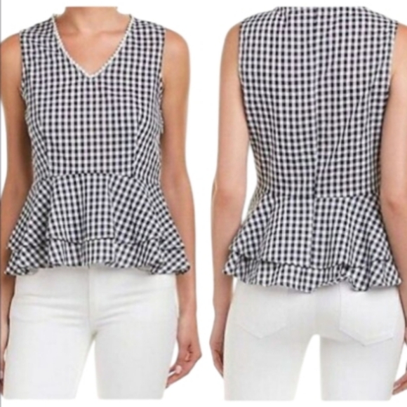 Nanette Lepore Top in Spring Bloom Blue White Gingham Tiered Sleeveless Peplum - Picture 1 of 9